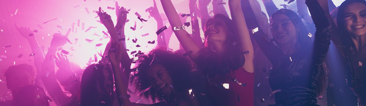 Photo of big group many classy girls falling confetti catch arms neon bright pink spotlight modern club indoors